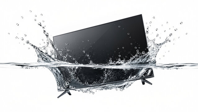 Smart TV television screen falling into water with dynamic splashes isolated on white background.