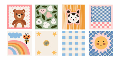 Nursery Illustration Set Featuring Bears Clouds And Rainbows Vector Style © Kabita