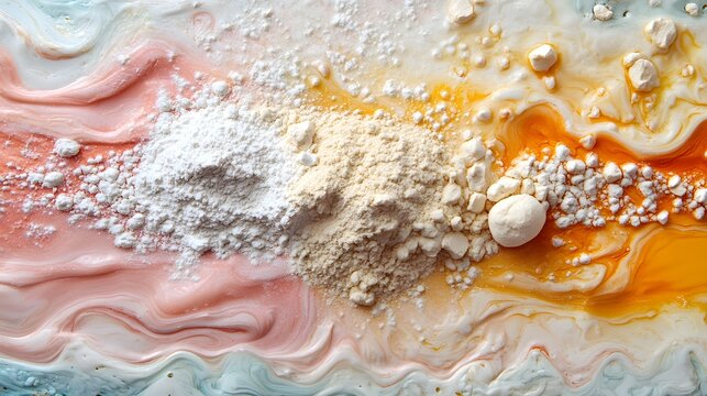 A flat lay composition of dry ingredients mixed with liquid creating a colorful abstract pattern with swirling pastel hues and textured powders forming an artistic culinary or scientific visual.