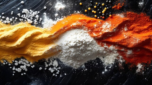 A flat lay composition of colorful dry ingredients including flour salt spices and powders arranged in flowing patterns on a dark textured surface creating an artistic culinary preparation scene.
