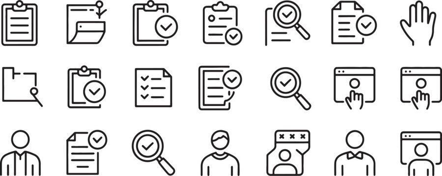 Checklist Icon Set with Magnifying Glass, Folders, Files, and Check Marks for Audit and Review Workflow