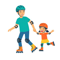 Fototapeta premium Parent and Child Roller Skating Together Cartoon Illustration