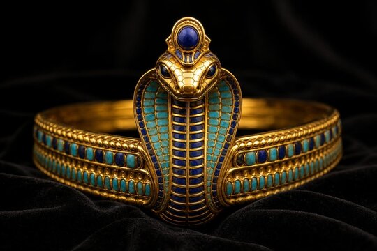 Detailed golden cobra crown with turquoise inlays resting on black velvet.