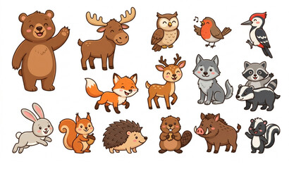 Obraz premium Cartoon Forest Animals Vector EPS 10 Cute Woodland Animal Collection Isolated on White Background