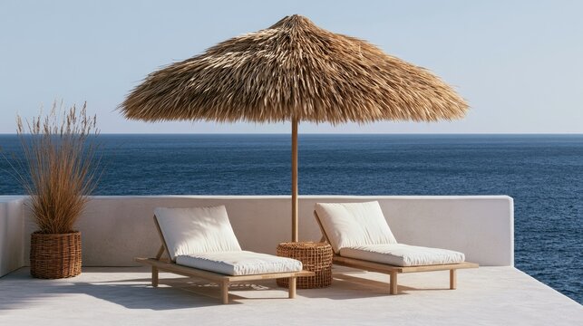 Relaxing beach chairs under a thatched umbrella with ocean backdrop