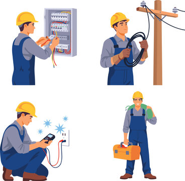 Electrician Worker Character Set Fixing Breaker Box Repairing Power Lines Testing Outlets and Carrying Toolbox in Hard Hat Vector Illustrations