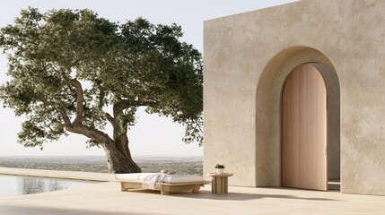 Fototapeta premium Sunlit outdoor lounging area with arched doorway, minimalist daybed, and ancient tree