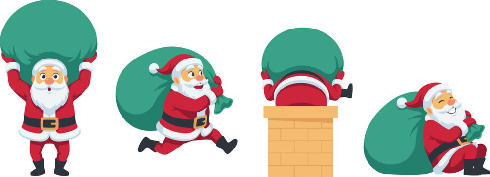 Cartoon Santa Claus Character Set Carrying Big Green Gift Sack Running and Climbing Down Brick Chimney for Christmas Delivery Vector Illustrations