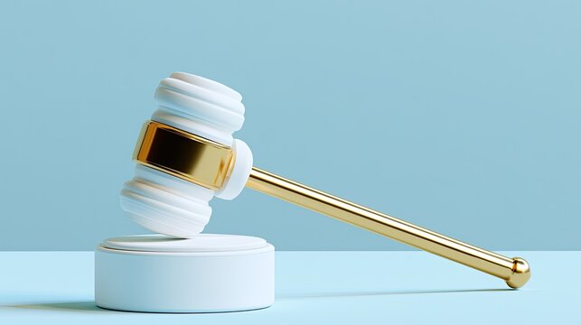 Elegant golden gavel rests on a white pedestal against a soft blue background
