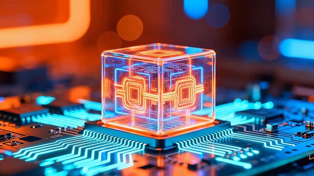 Futuristic cube on circuit board