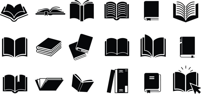 Book icons set with black open and closed novel, textbook, and dictionary silhouettes on white background