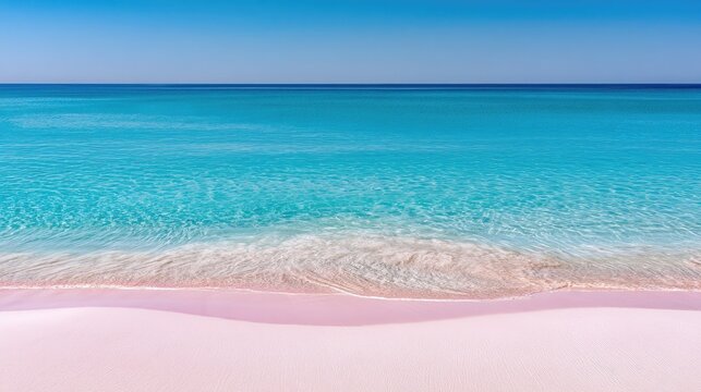 Serene ocean meets soft pink sand under a clear blue sky