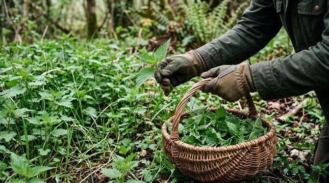 Foraging fresh wild stinging nettles in a spring forest with a wicker basket