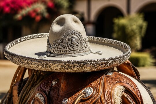 An ornate Mexican charro hat resting on a leather saddle.