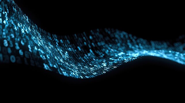 Abstract blue digital data flowing wave on black background