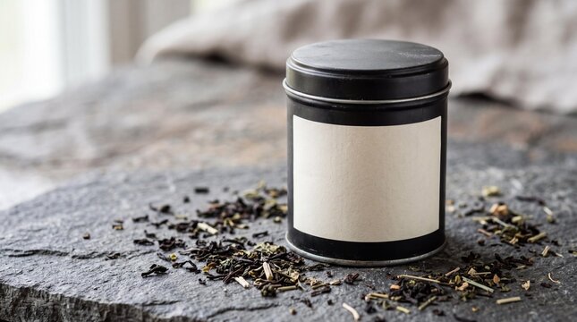 Minimalist black tea tin mockup with blank label on slate stone surface.