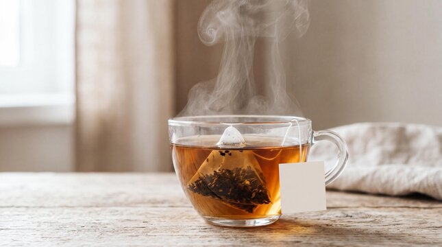 Steaming hot tea in a glass mug with a blank white tag on rustic wooden table