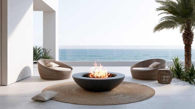 Modern outdoor seating area with fire pit and ocean view (1)