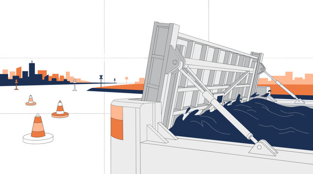 Modern Floodgate Illustration with City Skyline and Water Barrier