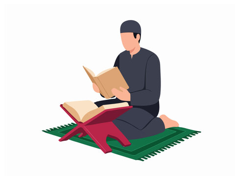 Muslim Man Sitting on Prayer Mat Reading Al-Quran Holy Book with Wooden Rehal Stand Illustration