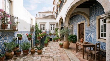 Fototapeta premium Charming Portuguese courtyard with traditional blue azulejo tiles and plants