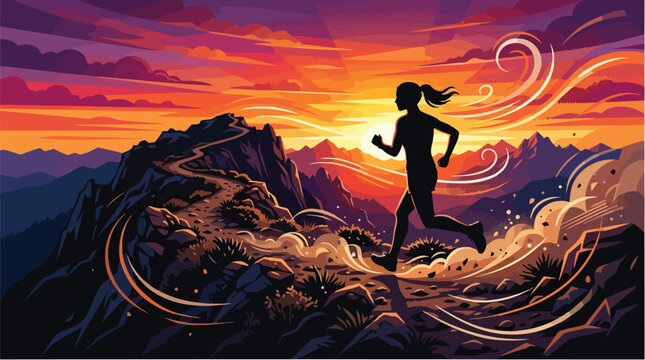Silhouette of a female athlete running on a mountain path.