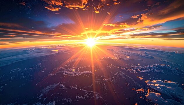 View from space, vibrant sun blazes through atmosphere, casting rays over Earth, and clouds