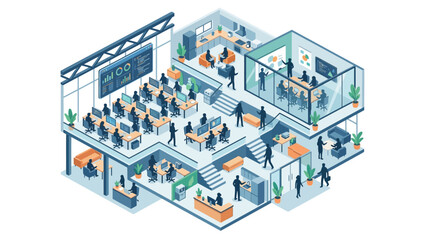 Fototapeta premium Isometric vector illustration of a modern multi-story corporate office workspace