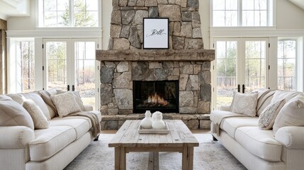 Obraz premium Cozy living room with large stone fireplace and two sofas
