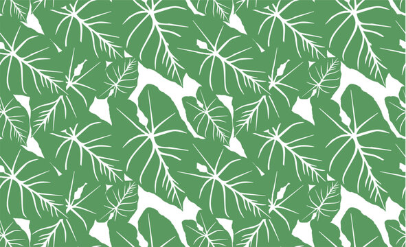 Seamless tropical pattern, overlapping green caladium leaves with detailed veins. Botanical foliage background ideal for wallpaper, textile, wrapping paper, fabric, packaging,decor, cover, fabric