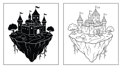 Castles Medieval Fantasy on Floating Islands with Surrounding Trees and Banners in Two Styles © MD