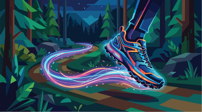 Abstract illustration of a running shoe with neon motion light trails.
