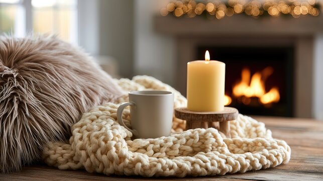 Cozy scene with candle and mug by warm fireplace, soft textures