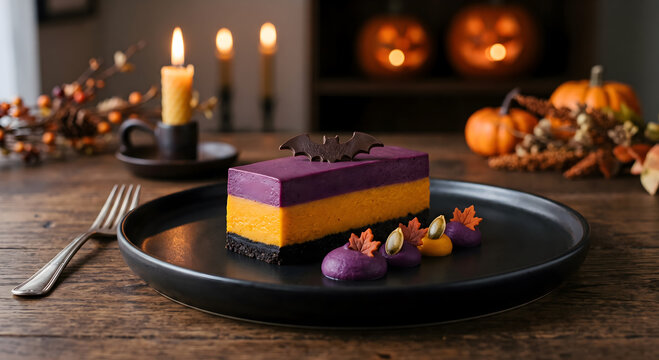 Halloween purple sweet potato and pumpkin mousse cake.〈ハロウィンの紫芋とカボチャのムースケーキ〉
