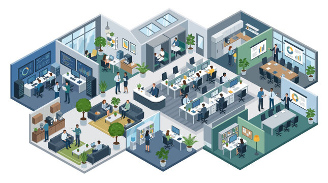 Detailed isometric illustration of a busy modern office environment