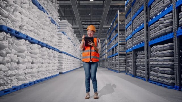 Full Body Of Asian Female Engineer With Safety Helmet Taking Note On The Tablet And Looking Around While Standing at Warehouse Storage with Stacked White Sacks