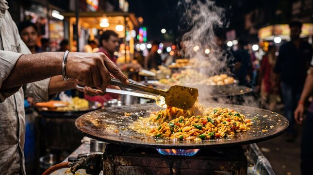 Street food vendor cooking spicy Indian egg bhurji on a sizzling hot tawa.