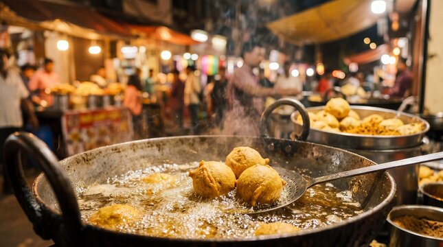 Fresh batata vada frying in hot oil at a bustling Indian street food market.
