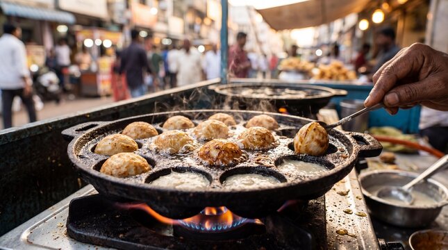 Chef cooking traditional Indian street food appe on a sizzling cast iron pan