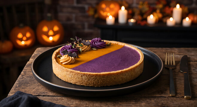 Halloween pumpkin and purple sweet potato tart on a wooden table.〈木のテーブルの上の、ハロウィンのカボチャと紫芋のタルト〉