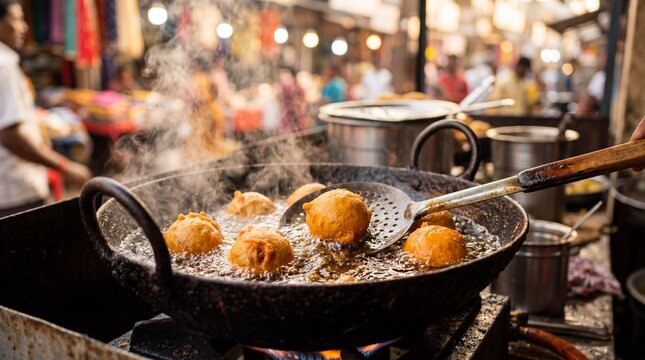 Sizzling hot aloo bonda frying in a large kadai at an Indian street market