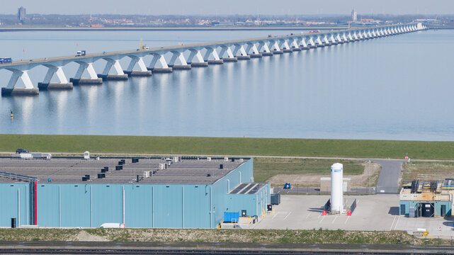 Kats, Zeeland, Netherlands - 08 April 2026: Aerial view of Fish Farm Basins near Zeelandbrug in Zeeland