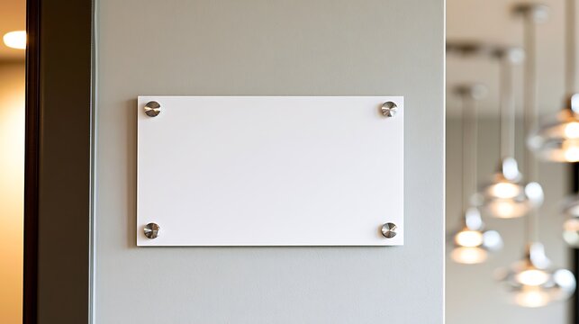 Name plate design mockup handing on door, 3d render. Door sign mock up template on entry in cabinet. Office hall interior with nameplate on door