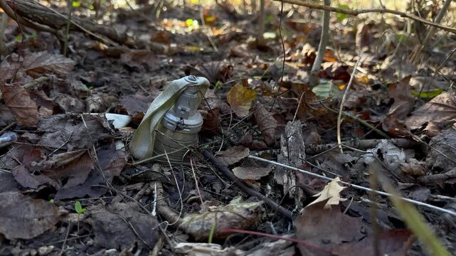 Unexploded cluster munition submunition with fabric ribbon standing in autumn forest leaf litter &mdash; a hazardous UXO found during humanitarian demining. Editorial postconflict visual