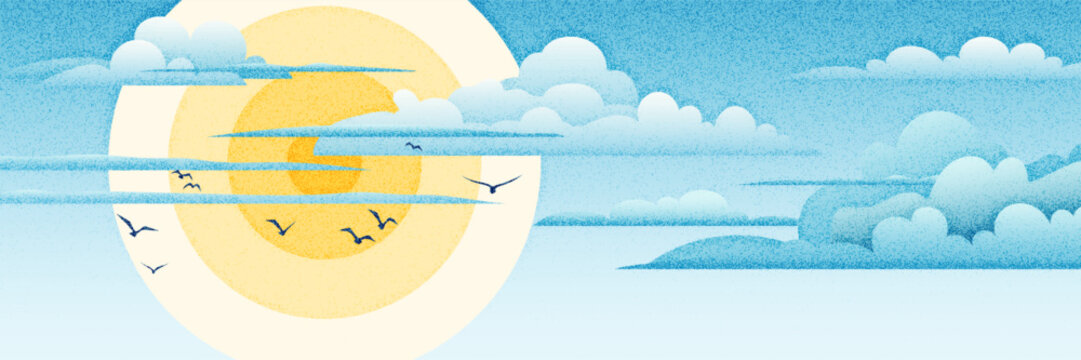 Vector drawing of sky, sun in the clouds, cartoon illustration, natural background
