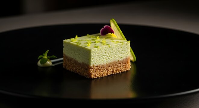 Delicate Green Tea Cheesecake Square on Black Plate