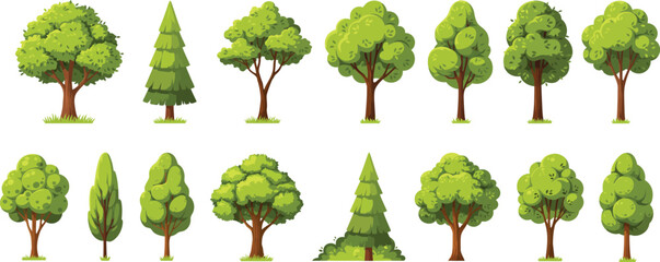 Collection of diverse cartoon trees with green foliage and brown trunks © MDRAJU