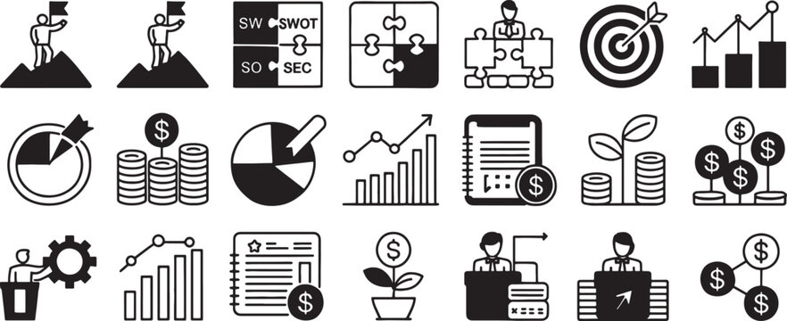 Business Strategy Icon Set with Charts, Swot Boxes, Targets, Documents, Coins, and Growth Silhouettes in Vector Style
