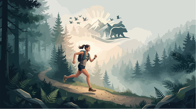 A determined woman running on a trail in the forest.