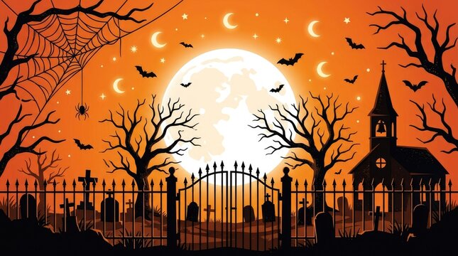 Haunted cemetery with full moon and flying bats at sunset